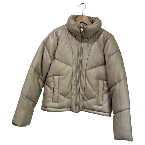 Abercrombie Vegan Leather Puffer Jacket Size M Neutral Beige Cropped Winter - Picture 1 of 9